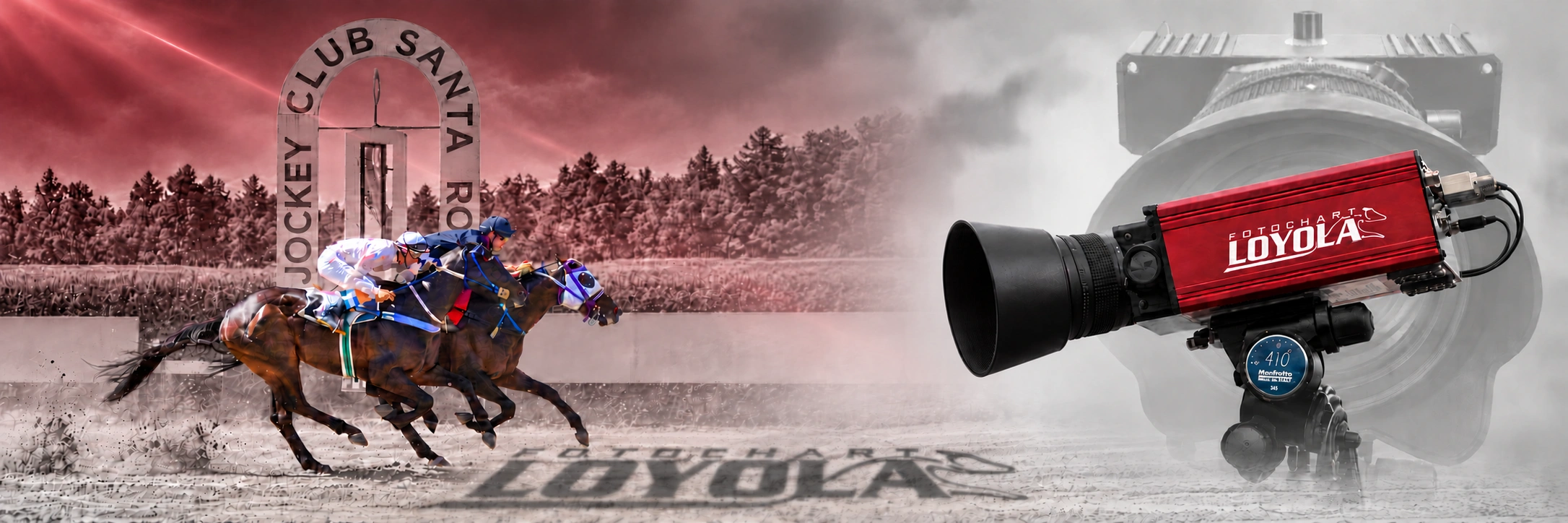 Dos caballos llegando a la meta a la izquierda y equipo de fotofinish bordó con parasol a la derecha; logo Fotochart LOYOLA proyectado sobre la pista